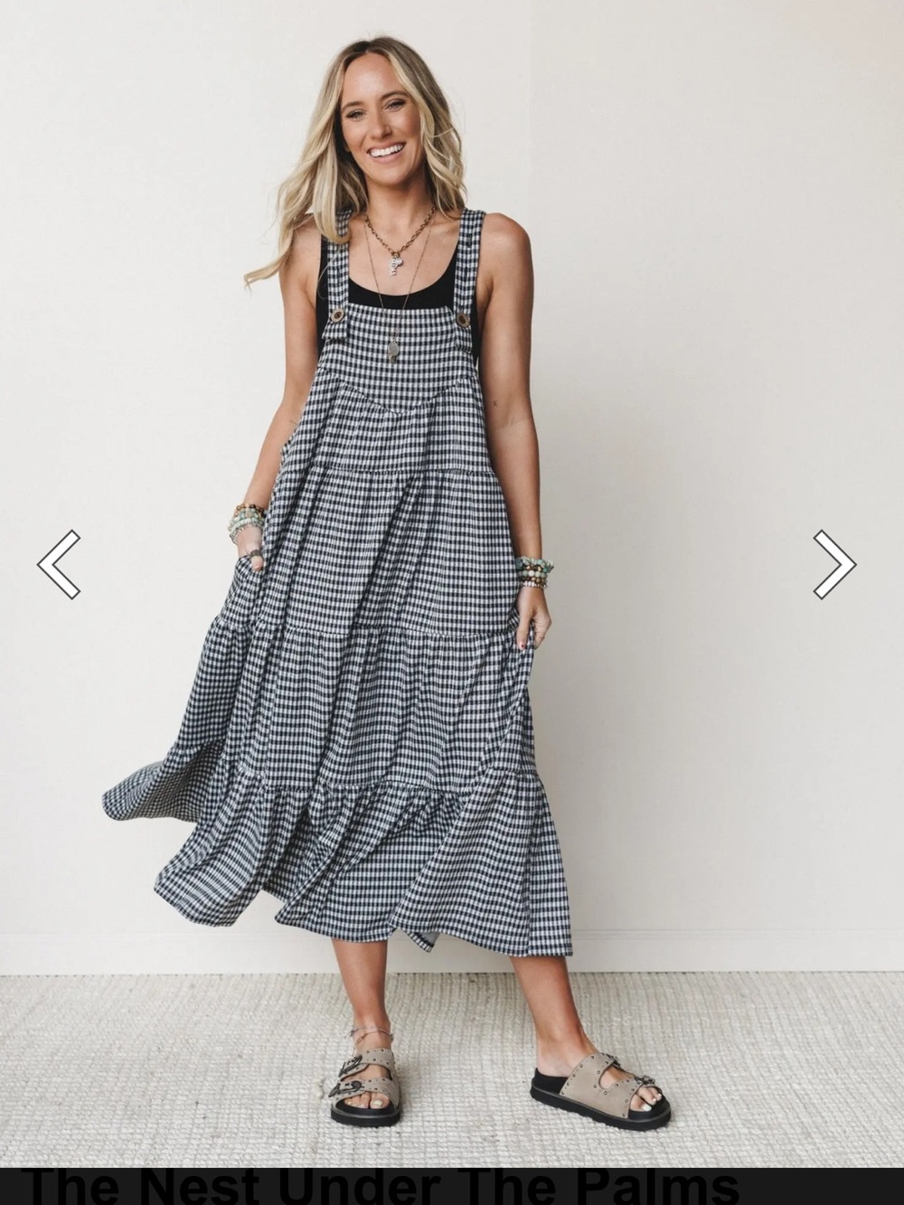 Three Bird Nest Black & White Gingham Tiered Midi Pinafore Dress